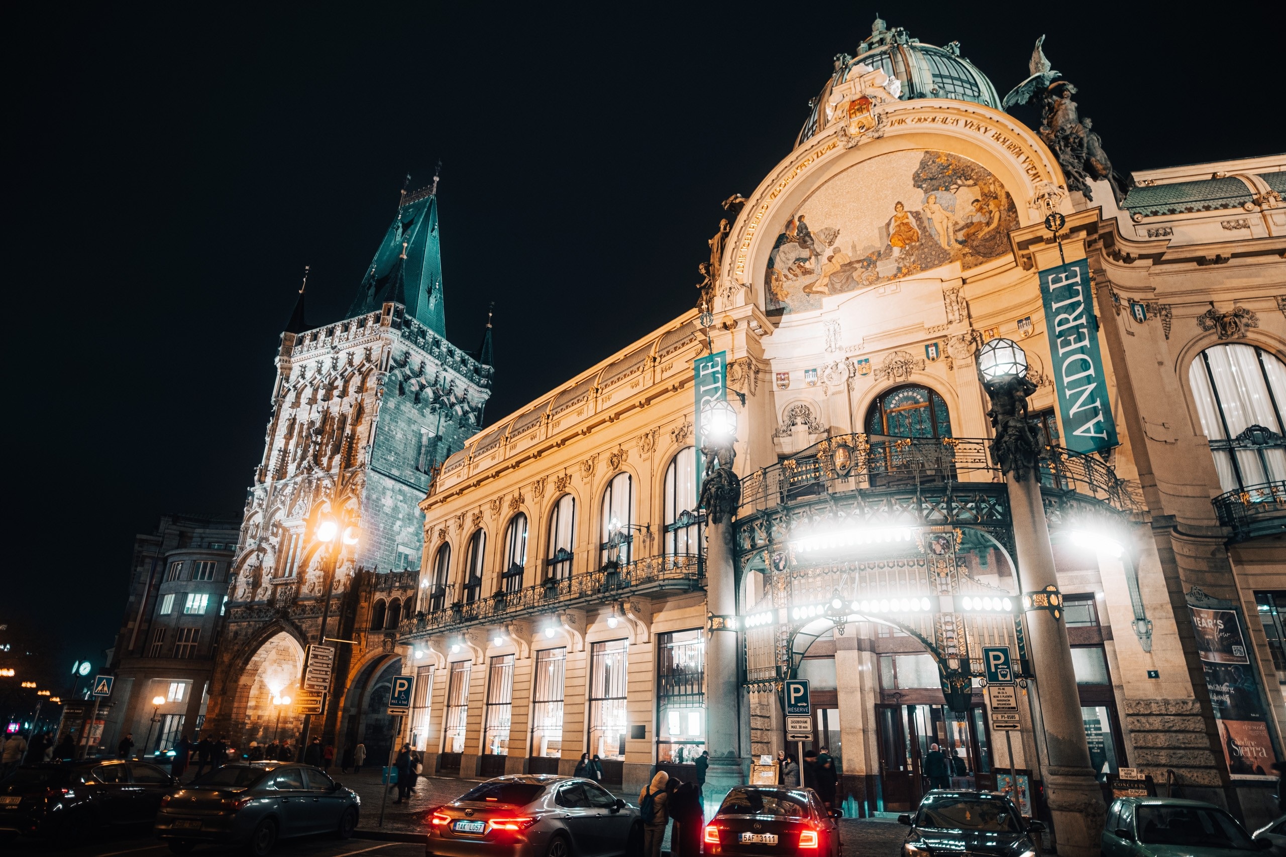 Obecní dům exterior at night